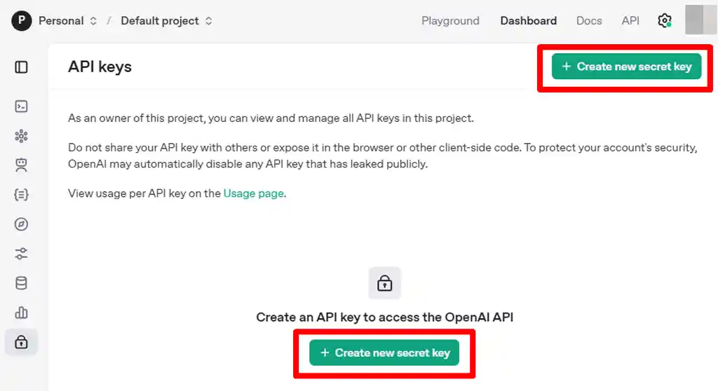 ChatGPTのAPIkeysを新しく作るところ、管理画面の画僧